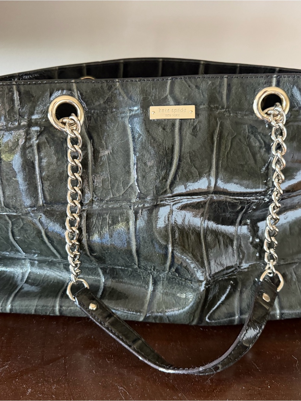 kate spade Black Croc-Embossed Patent Chain Shoulder Bag
